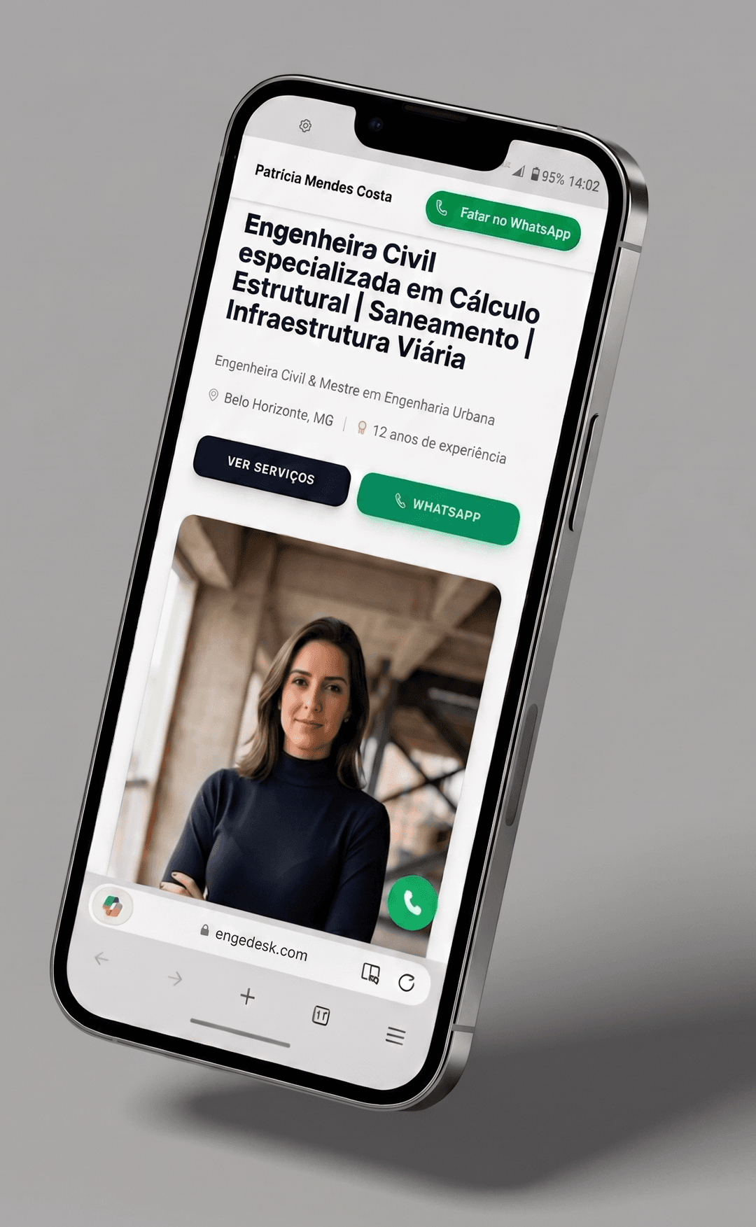 Pré-visualização de uma landing page profissional na EngeDesk em smartphone